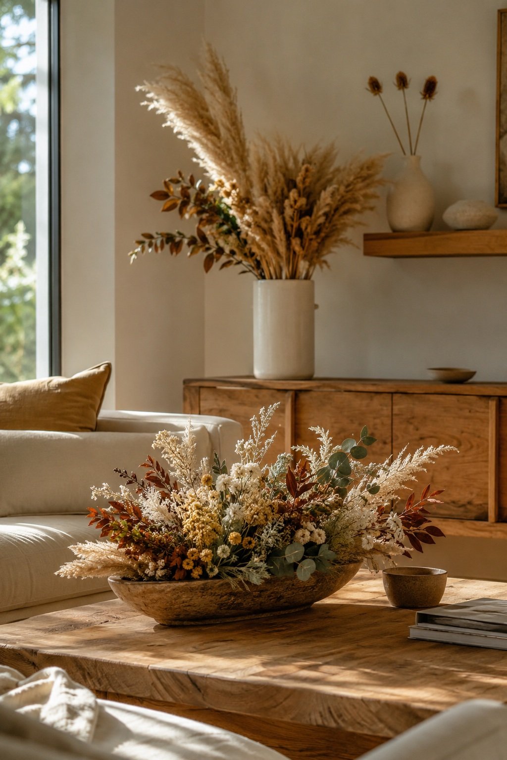 Living room with dried arrangements on the coffee table, console and a shelf