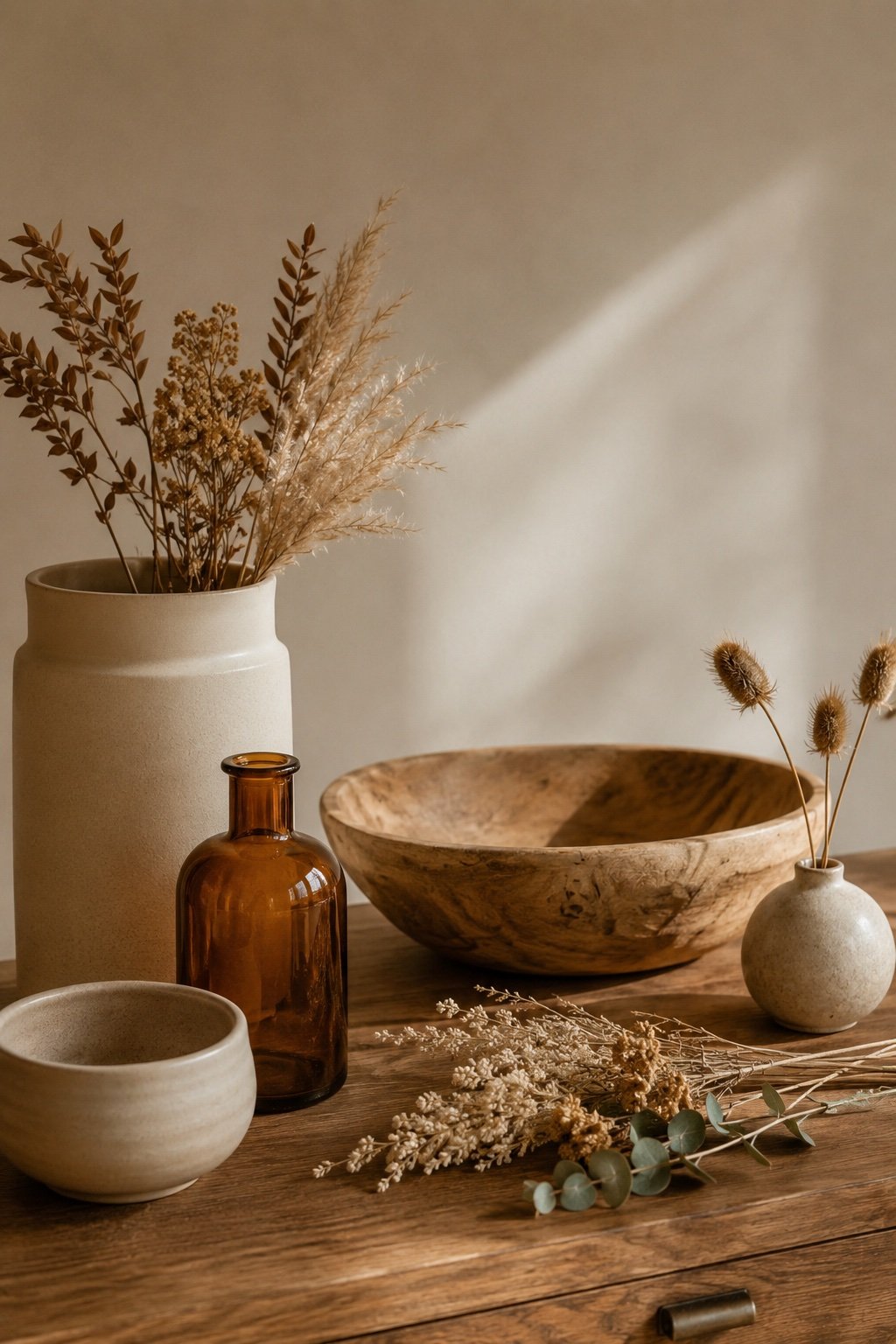Lineup of vessels for dried stems: ceramic vase, amber bottle, dough bowl and bud vase