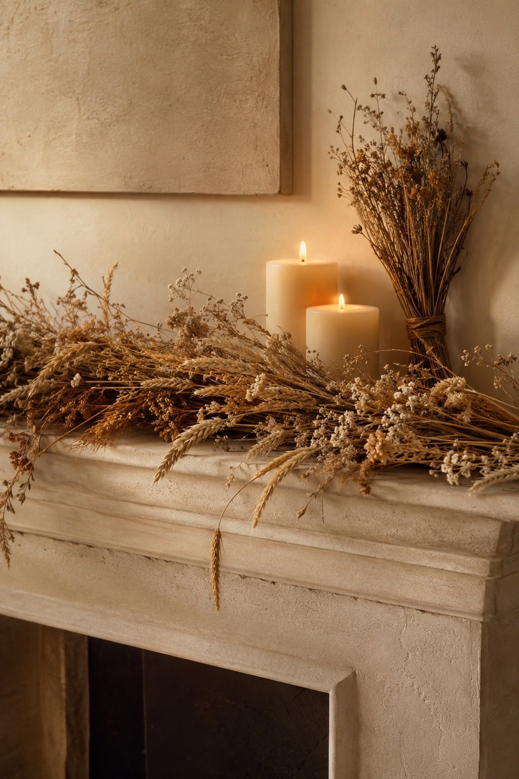 Mantel with a loose dried stem garland and two ivory pillar candles at varied heights