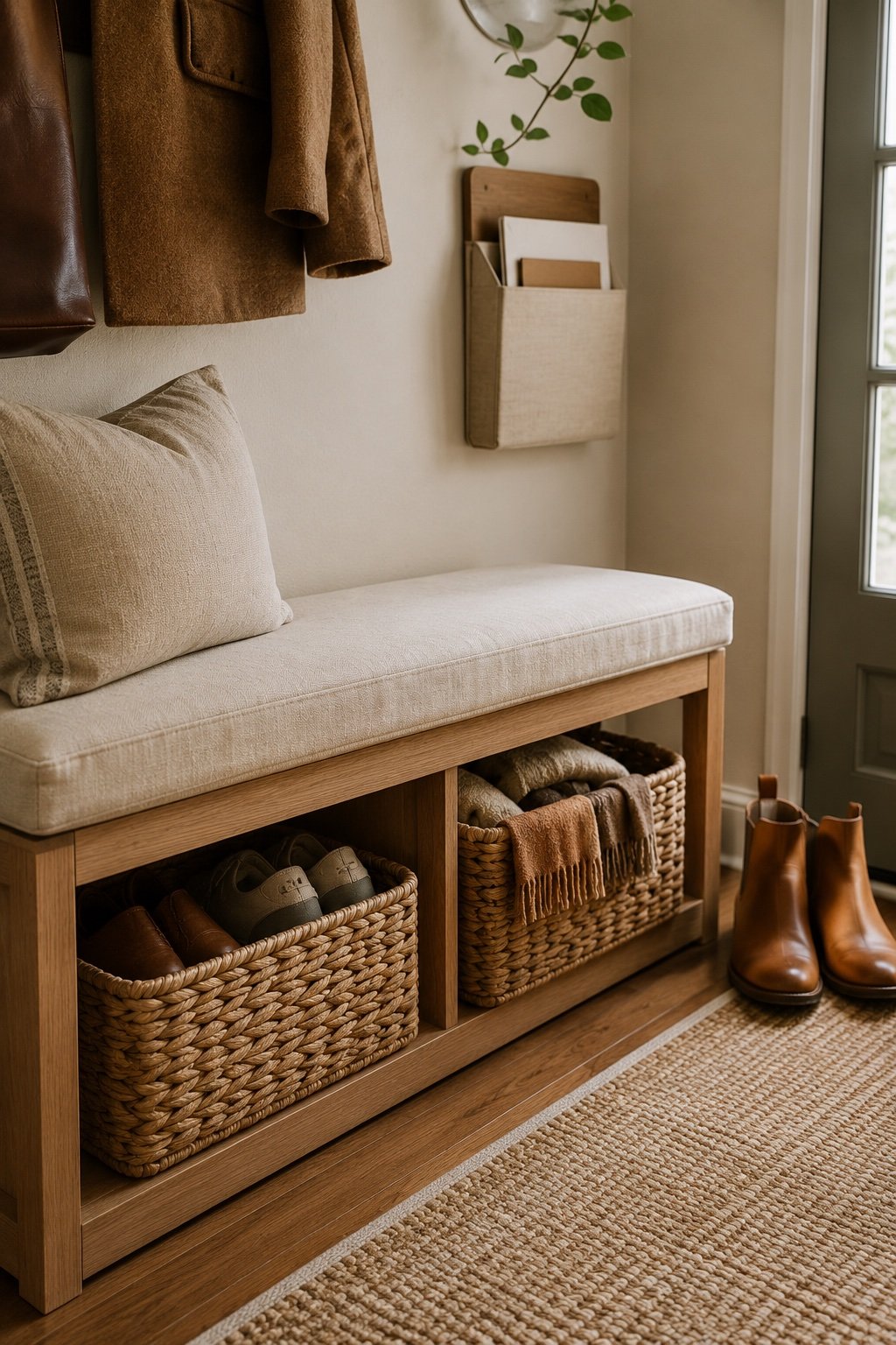 Entryway bench with two woven baskets underneath holding shoes and folded scarves