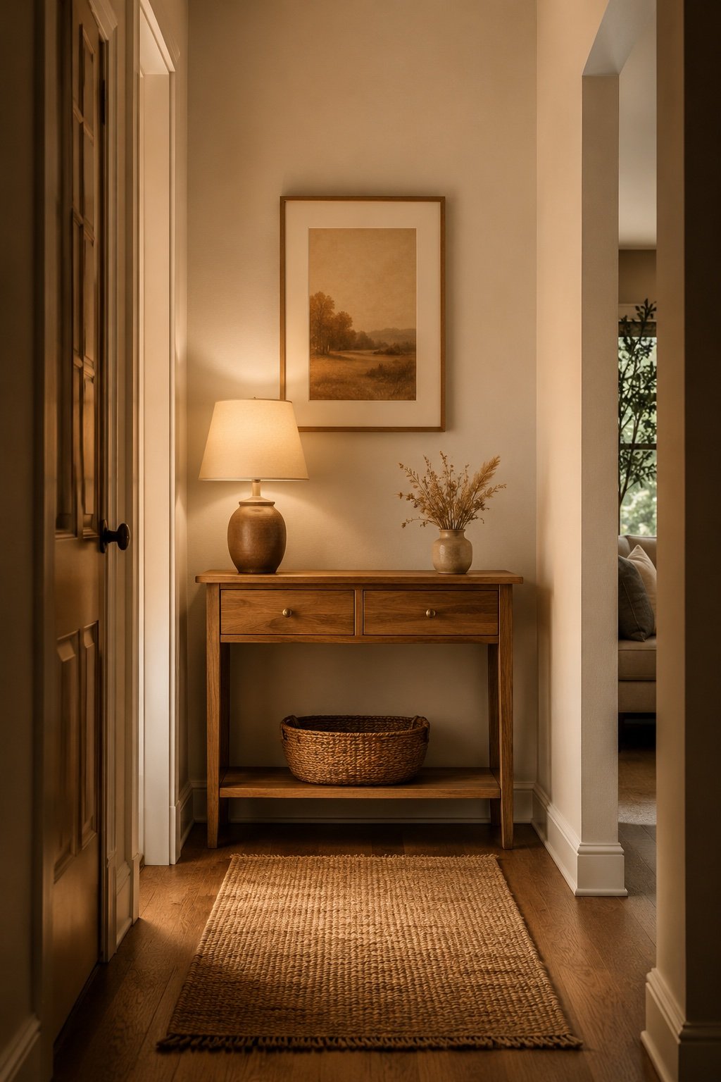 Finished small entry with a framed print, dried arrangement and warm lamp light