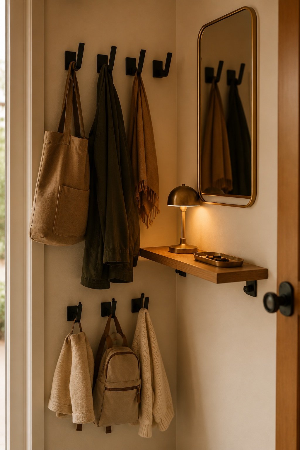 Entry wall with two rows of black hooks, a floating oak shelf and a slim mirror