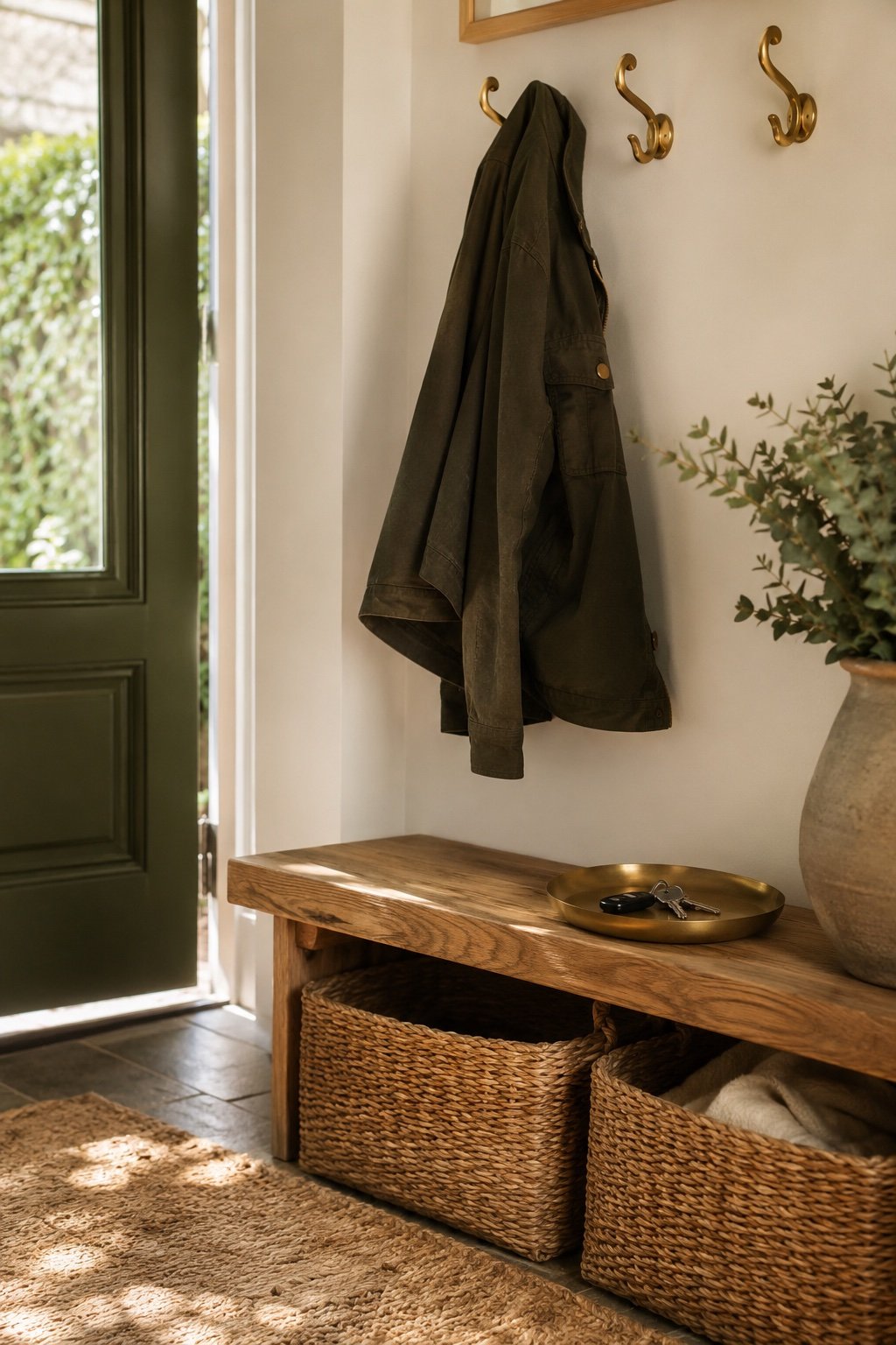 Entry detail with a brass key tray, hooks and a bench with baskets, coat half-hung