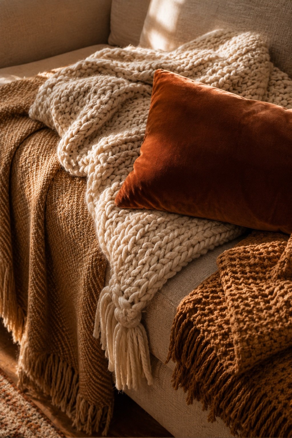 Layered fall textiles on a sofa corner: caramel woven blanket under a chunky cream knit throw