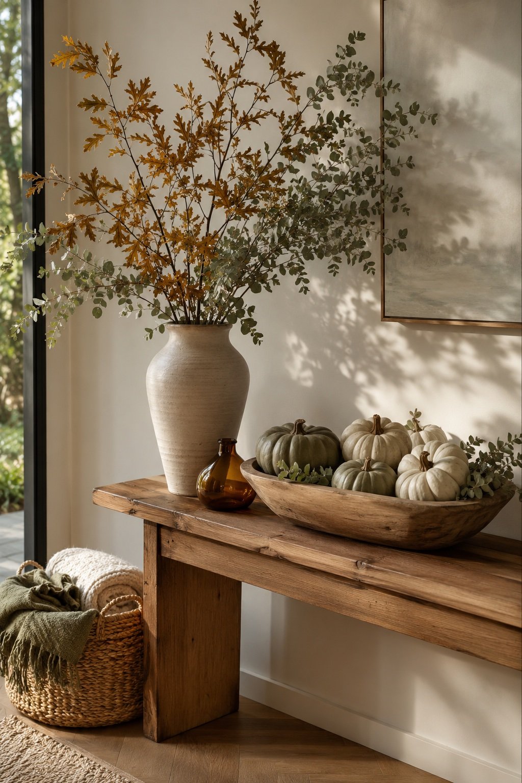 Wooden console with dried oak branches in a tall vase and muted heirloom pumpkins in a dough bowl