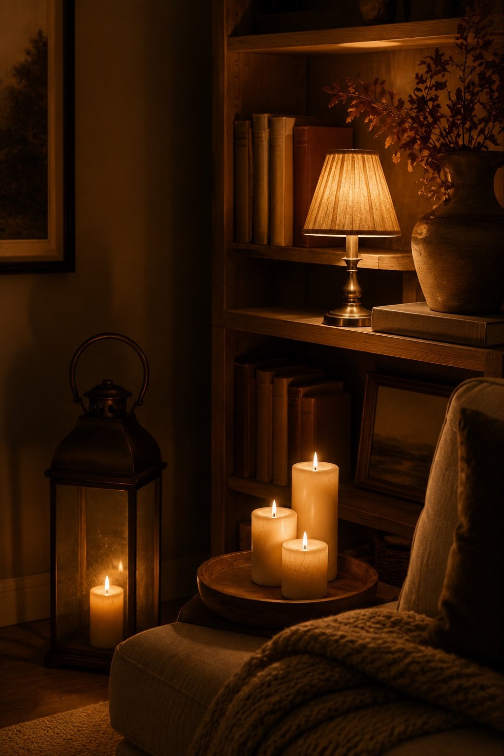 Evening living room with a brass table lamp, three ivory pillar candles on a tray and a floor lantern