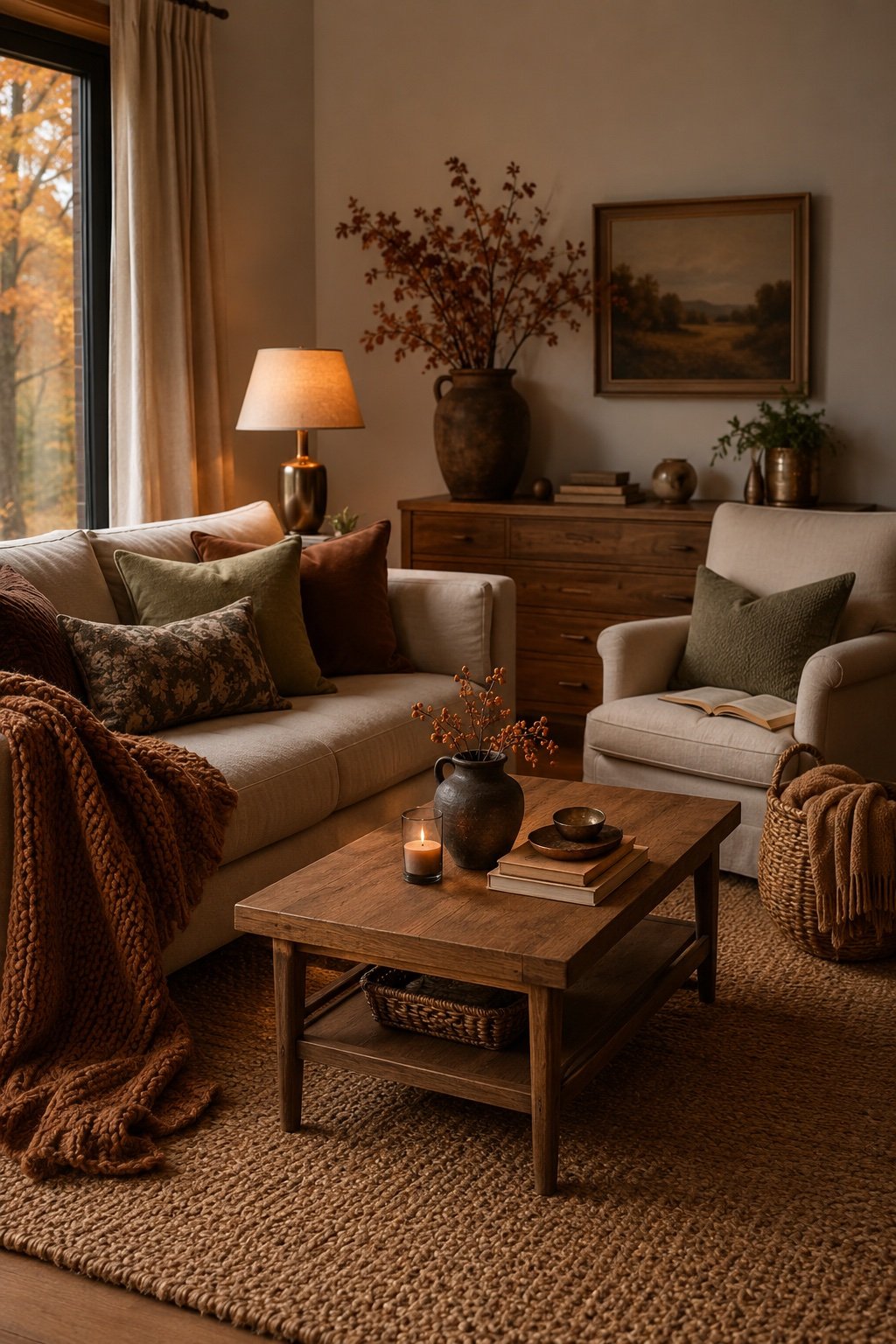 Finished cozy fall living room with knit throw, warm lamps and an open book left on the sofa