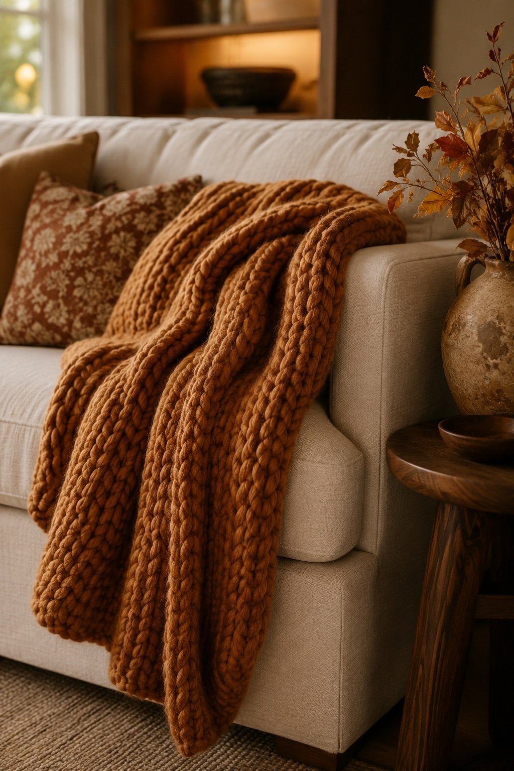 An oversized caramel chunky knit throw draped over a cream sofa arm