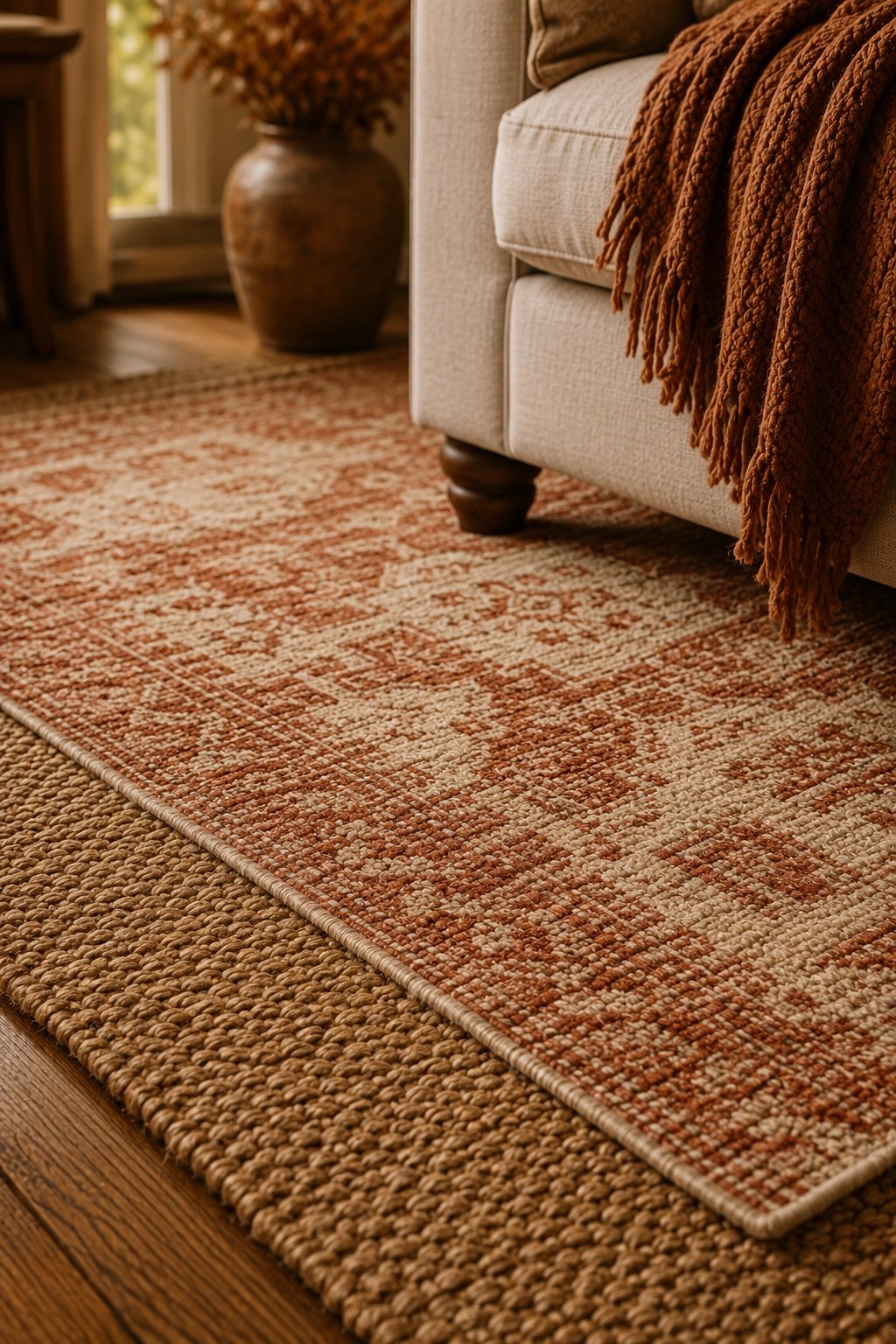 A washable flat-weave rug in rust and cream layered over a jute base