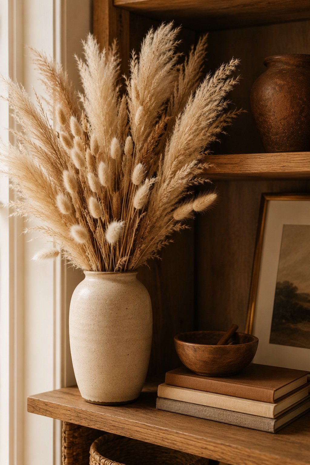 Dried pampas and bunny-tail stems in a tall vase softening a shelf