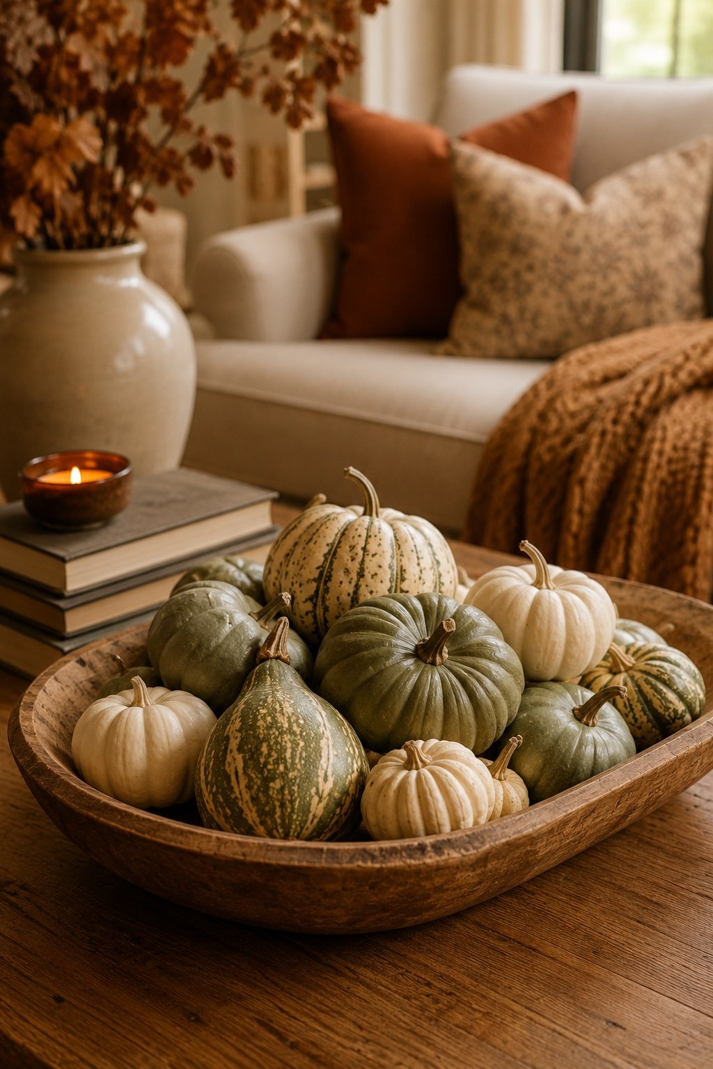 A wooden dough bowl on a coffee table filled with muted heirloom gourds