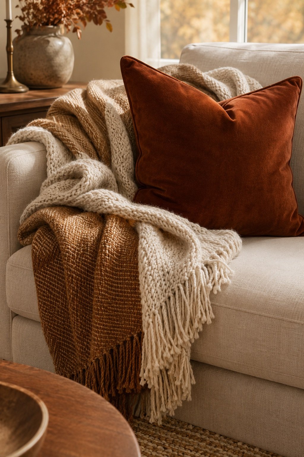 Layered fall throws on a sofa corner: woven caramel blanket under a chunky cream knit