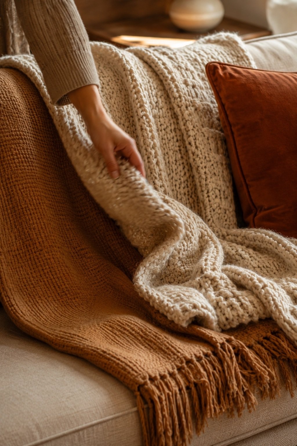 Layered fall throws on a sofa corner: woven caramel blanket under a chunky cream knit