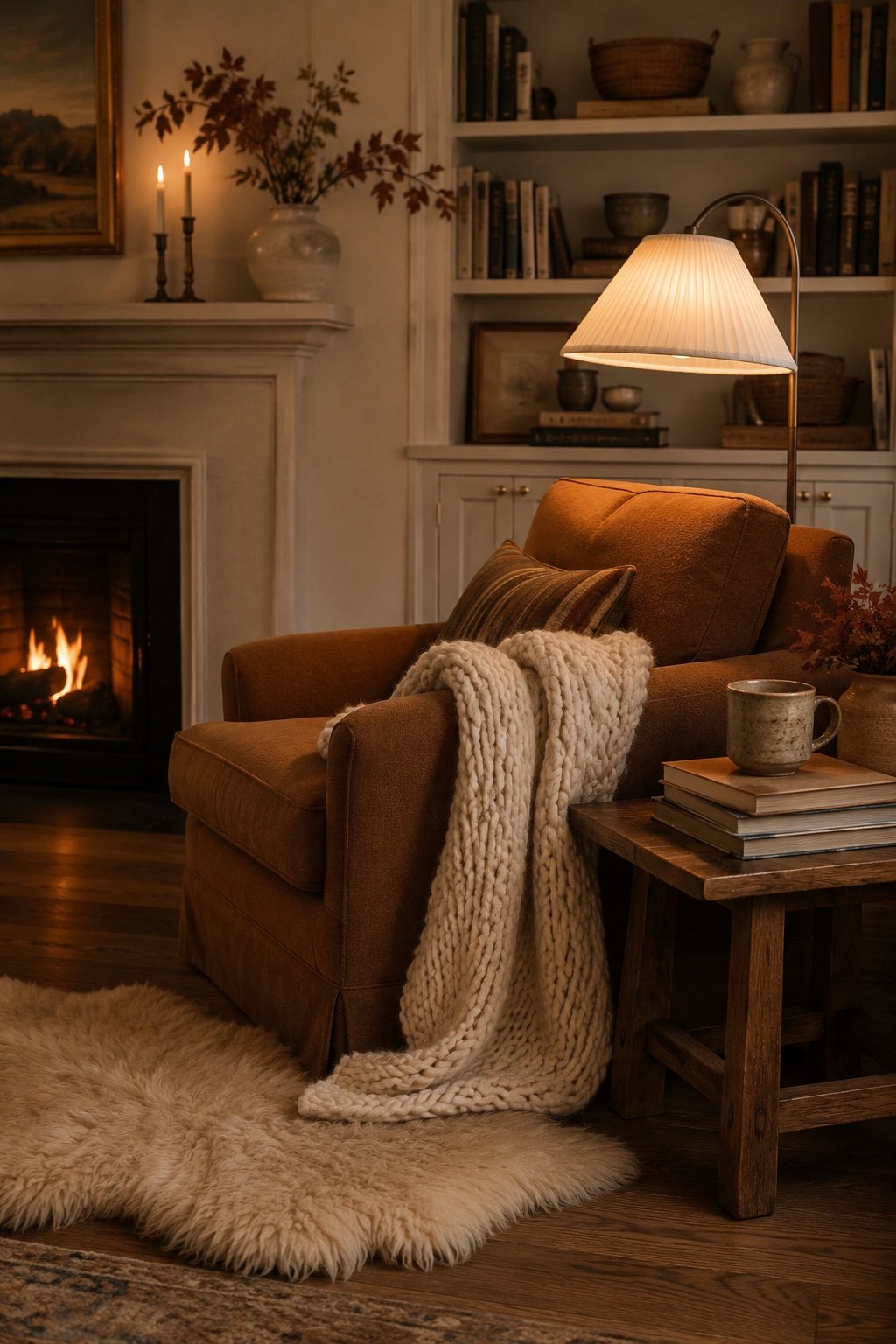 Cozy fall reading corner with a caramel armchair angled to the fireplace and a glowing floor lamp