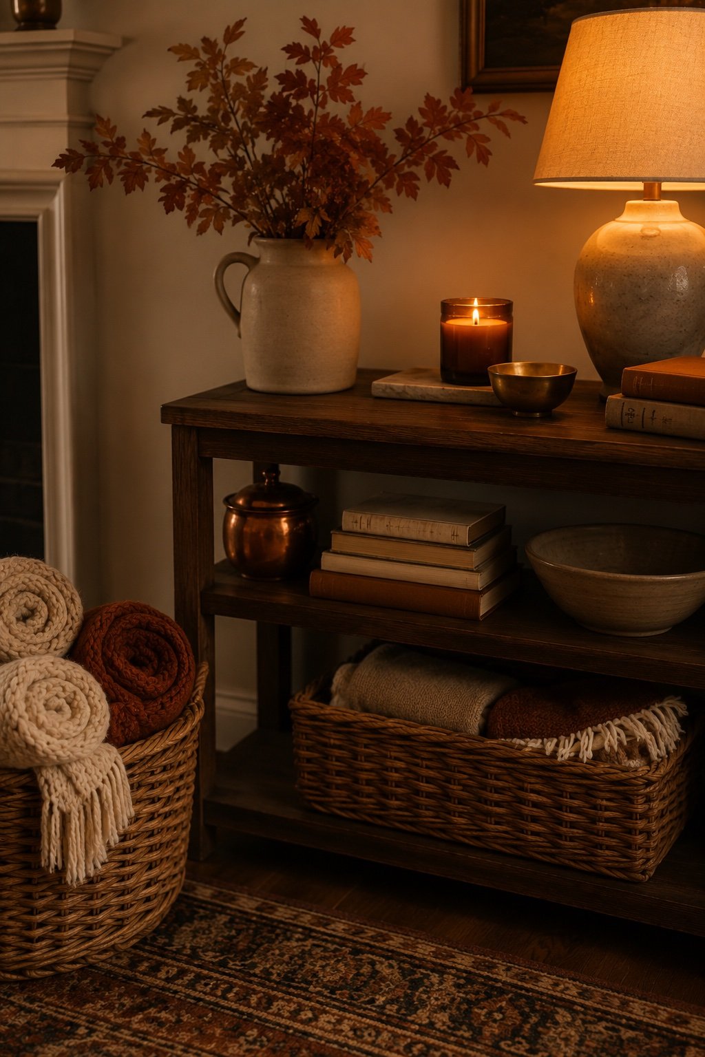Fall living room detail: a lit amber candle, a brass bowl and books stacked by warm tone