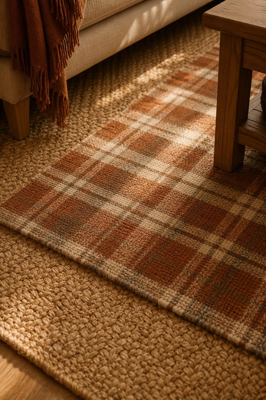 A smaller plaid wool rug in rust and cream layered over a large natural jute rug