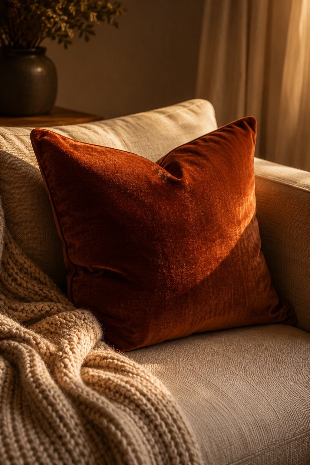 A single rust velvet pillow on a cream linen sofa catching soft evening light