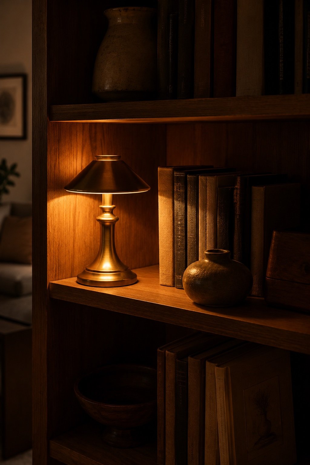 A small brass table lamp glowing warm on a bookshelf, a pocket of light in a dim room