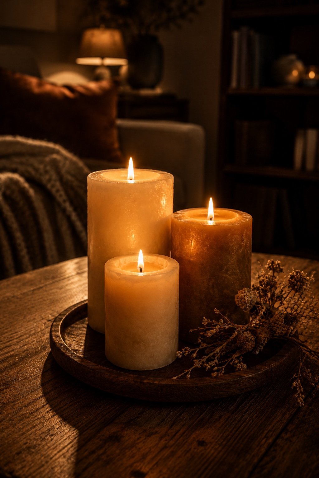 Three ivory pillar candles of different heights clustered and lit on a round wooden tray