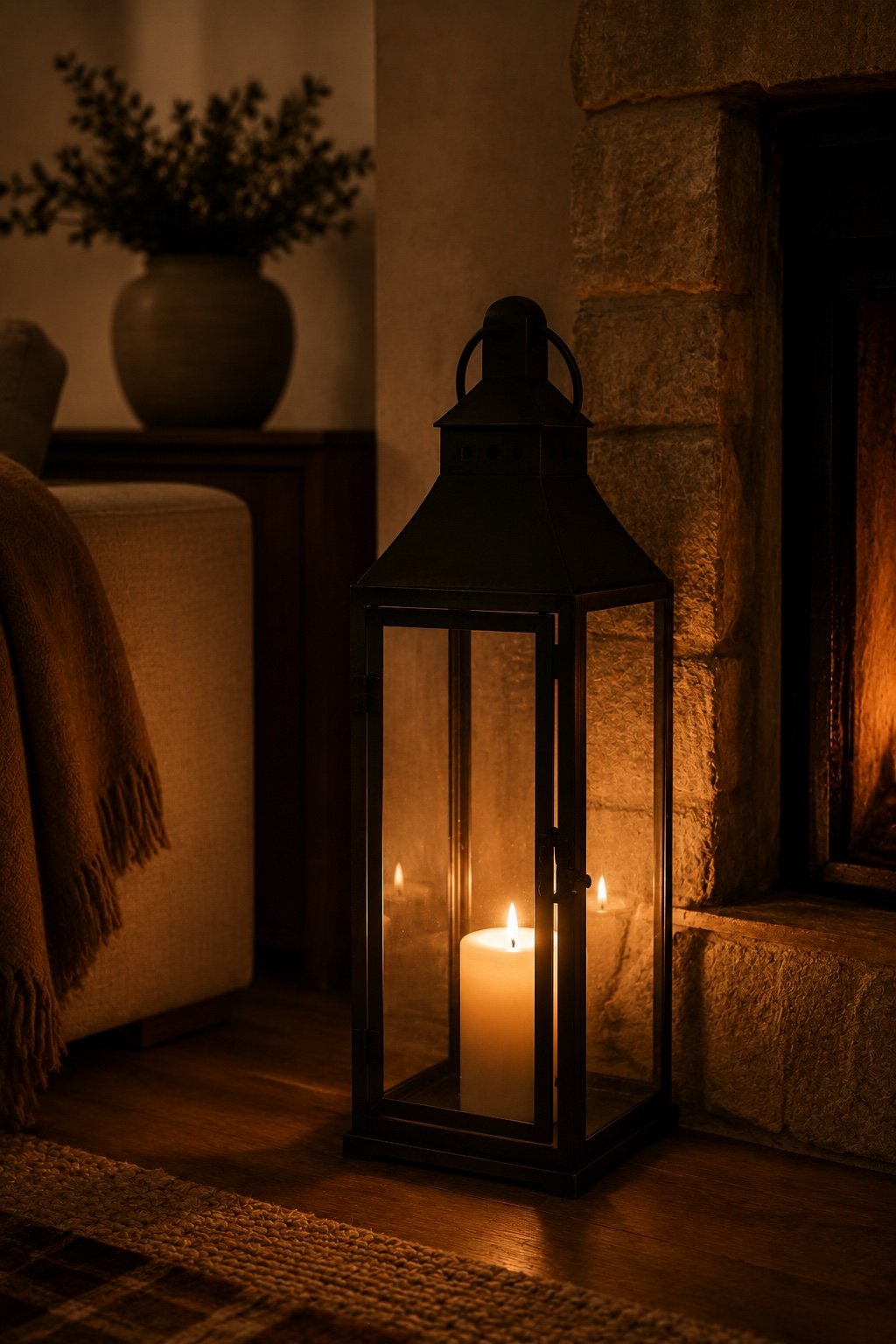 A large black lantern with a lit candle on the floor beside a fireplace