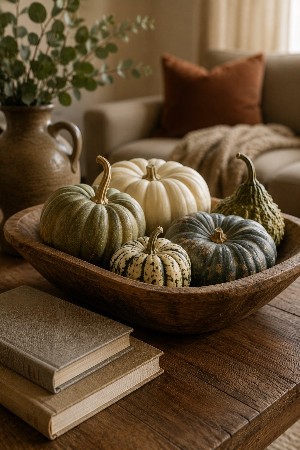 A wooden dough bowl of heirloom pumpkins and gourds in muted sage, cream and dusty blue
