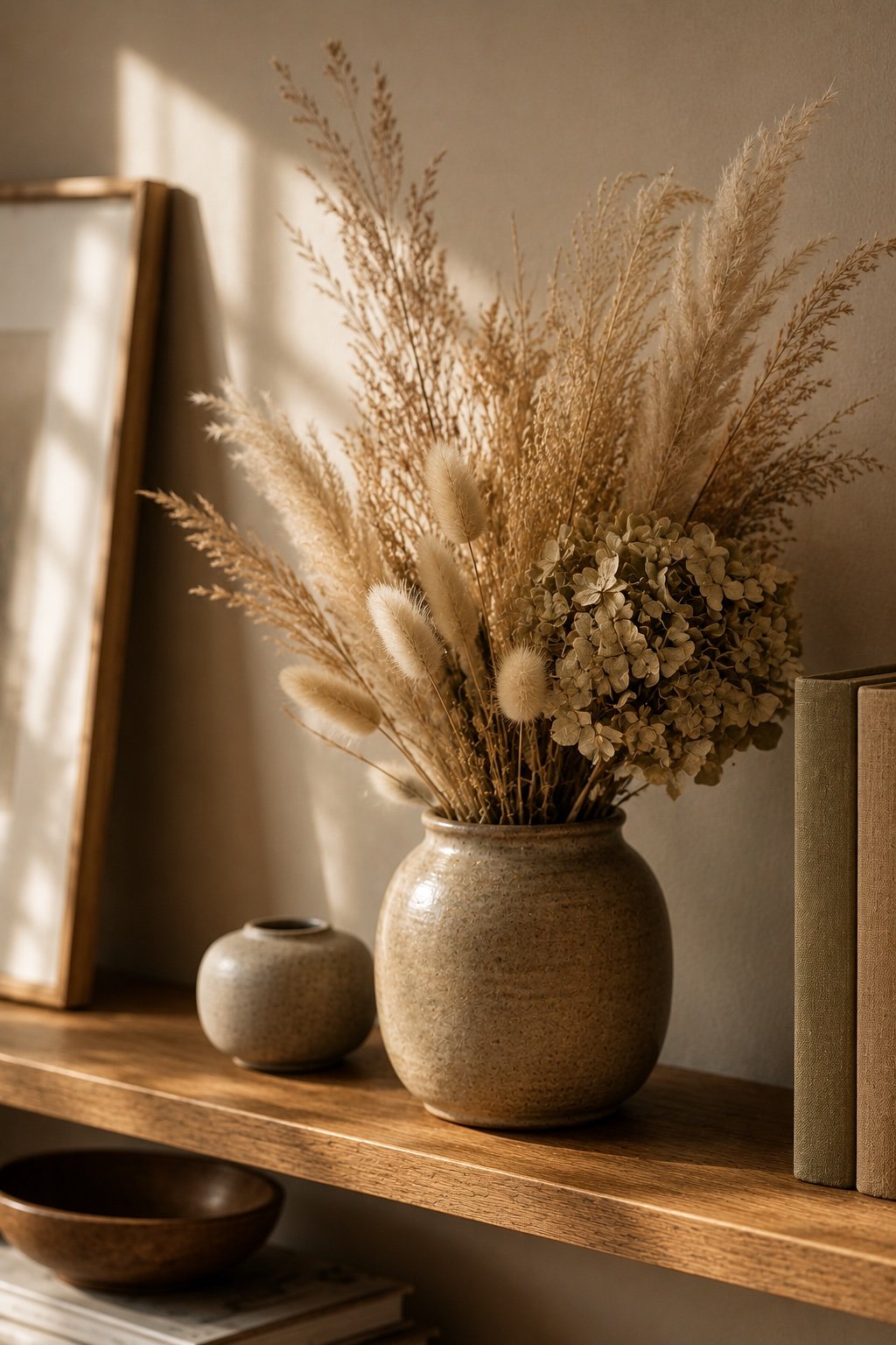 A shelf softened with a small vase of dried pampas, bunny tails and dried hydrangea