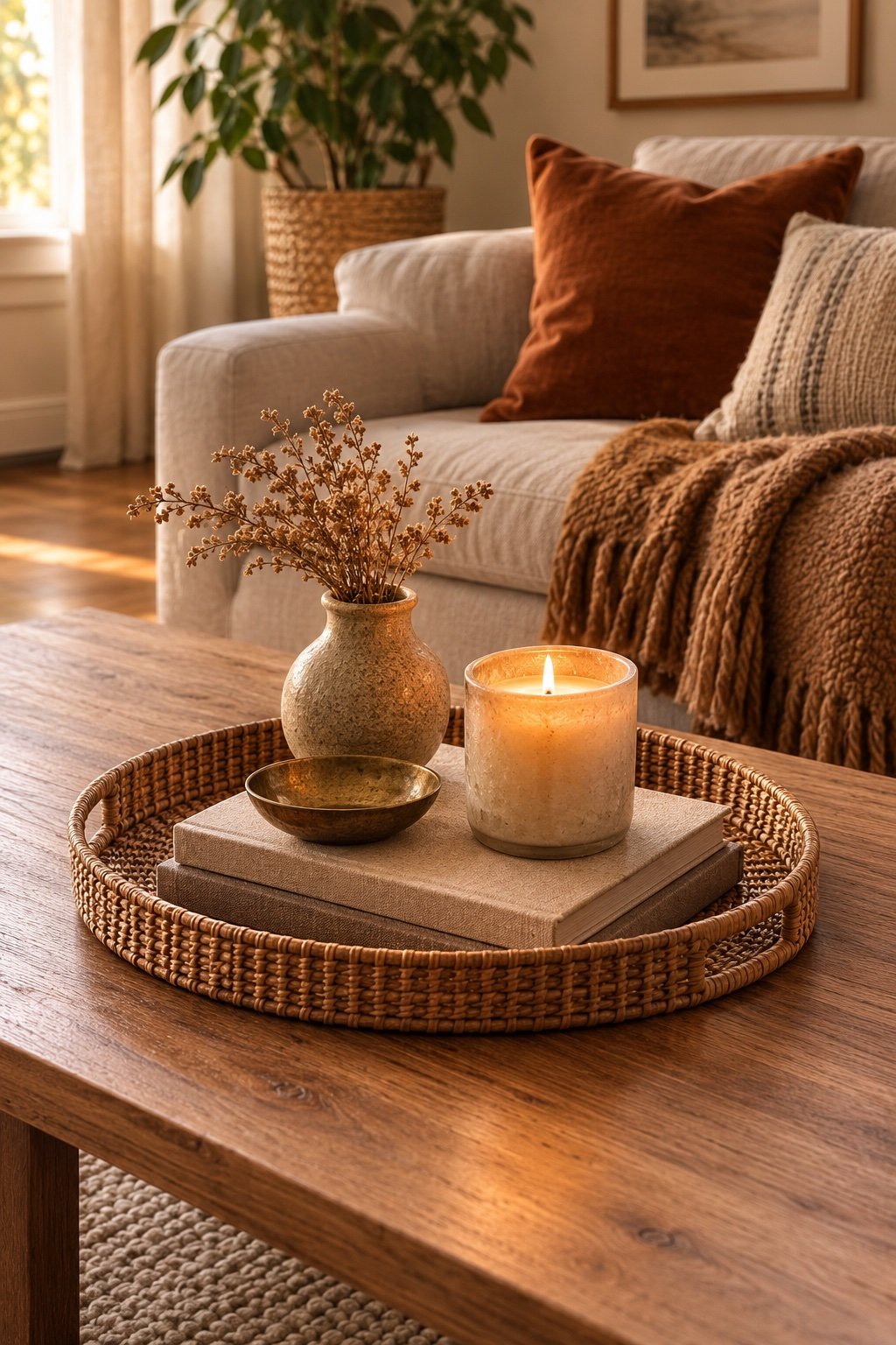 A coffee table styled in three layers: a rattan tray with stacked books, a candle and a dried sprig