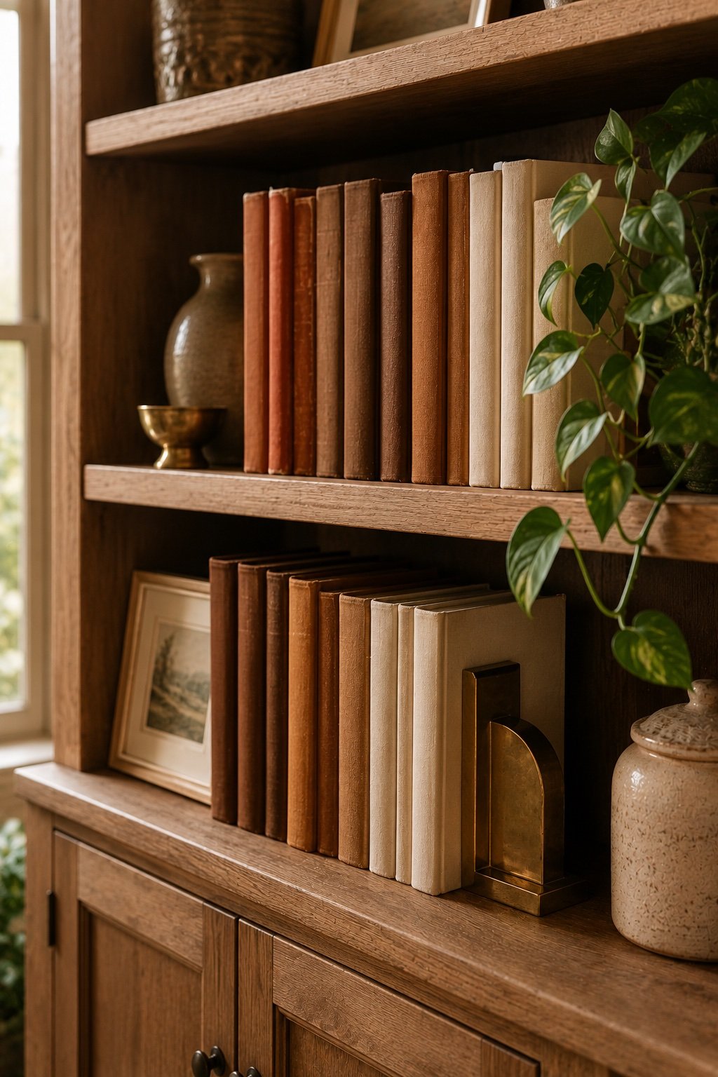 An open bookshelf with books grouped by warm spine color: rust, brown, cream and caramel