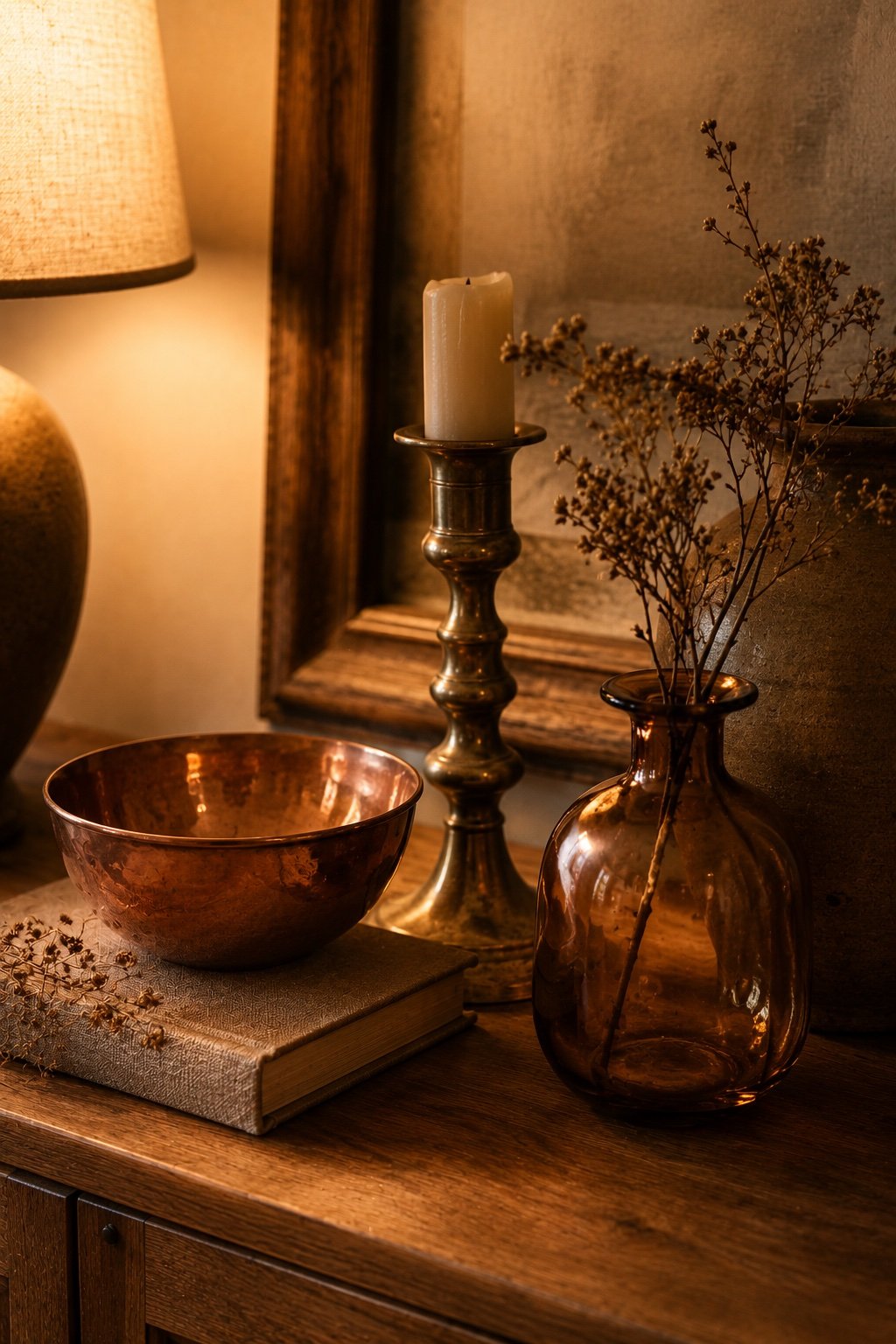 A still life of copper, brass and amber glass accents catching warm lamplight on a console