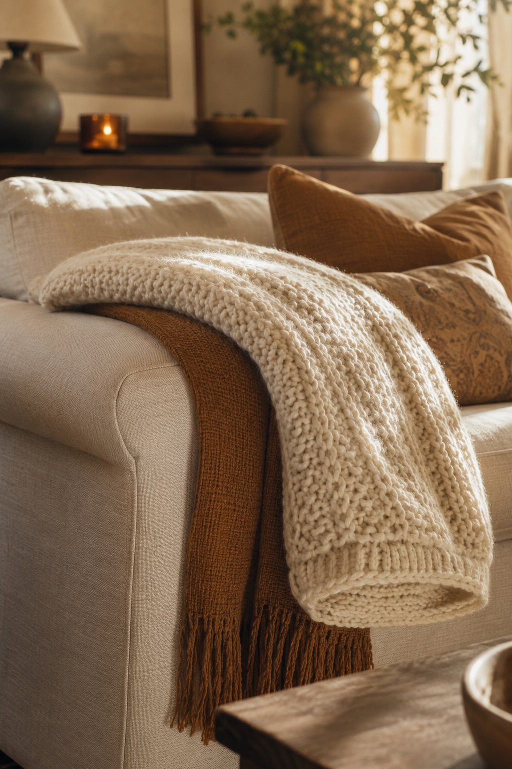 A sofa arm with two throws layered: a flat caramel blanket under a chunky cream knit