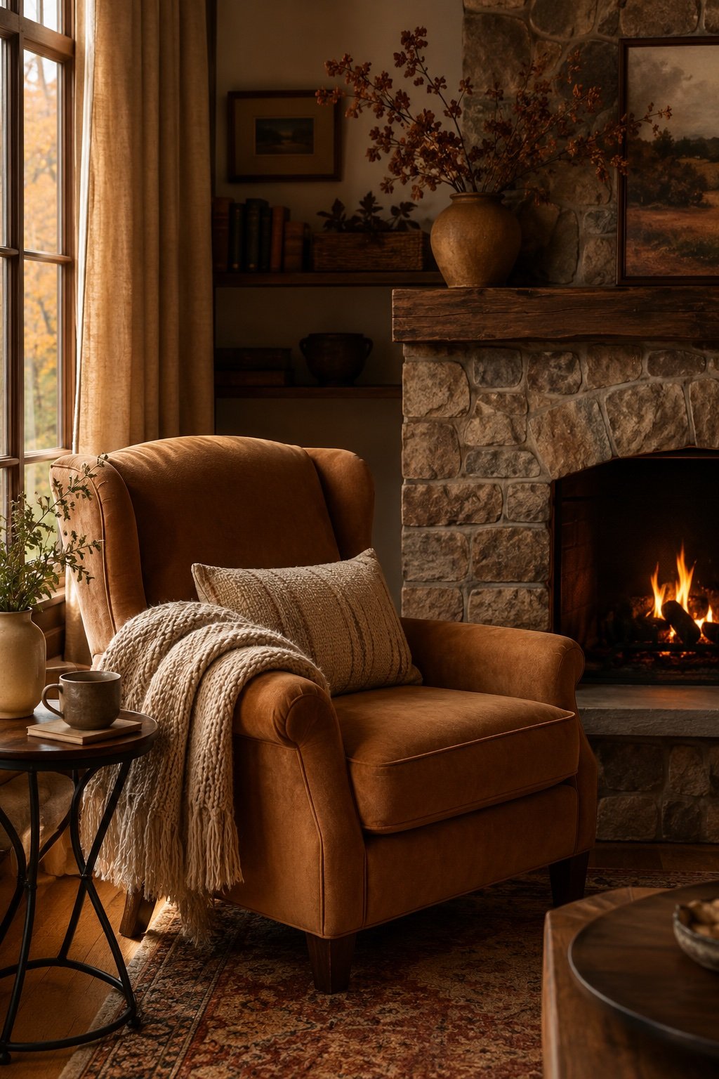 A caramel armchair angled toward a stone fireplace with a folded throw over the arm