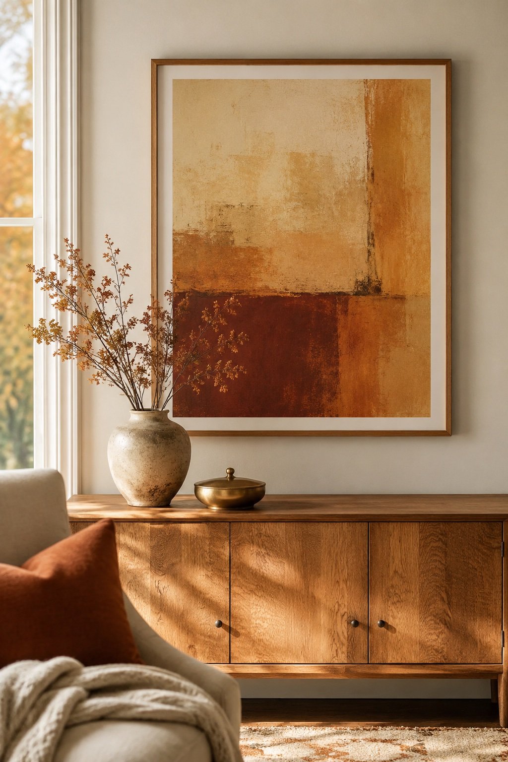A framed warm-toned abstract print in ochre and rust above a console with dried stems