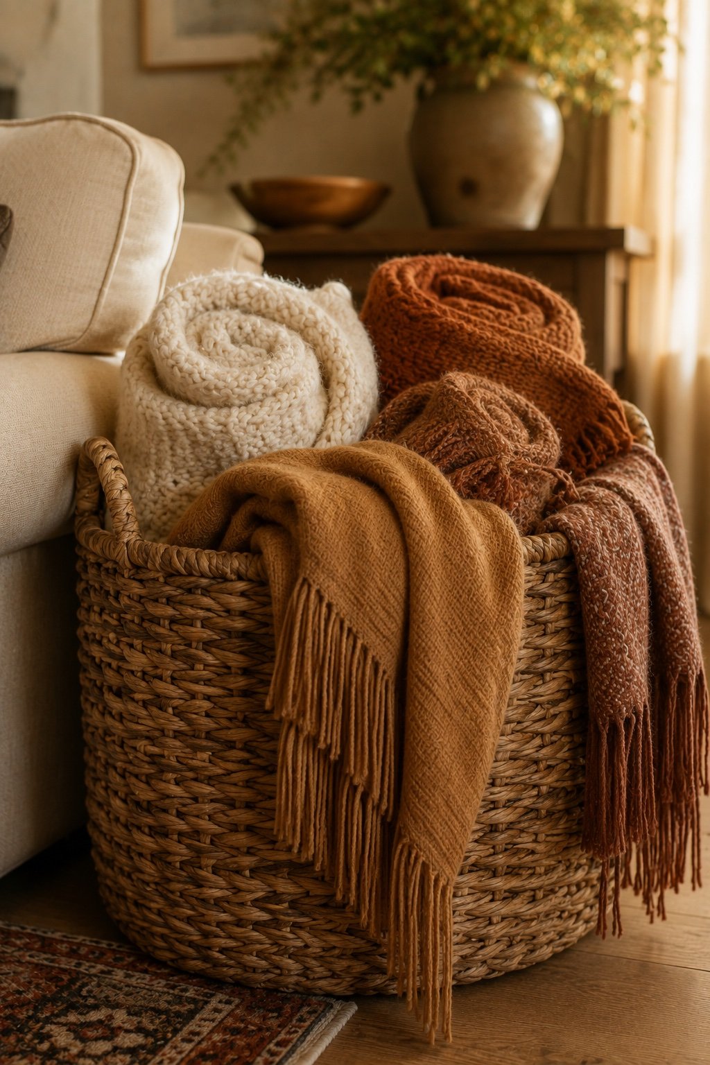 A large woven basket beside a sofa filled with rolled throws in caramel, cream and rust