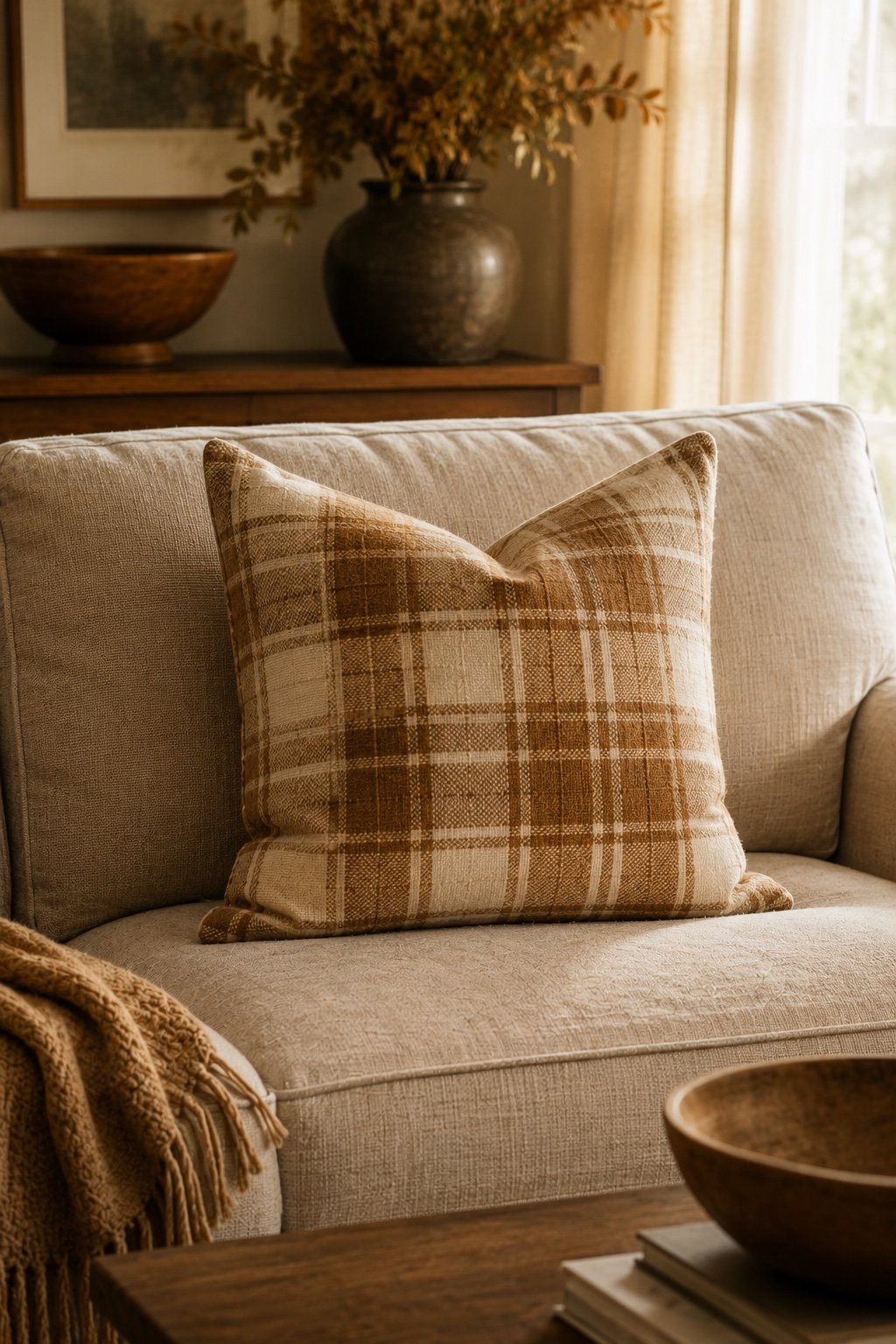 A single camel-and-cream plaid throw pillow on an oatmeal sofa, the only plaid in the room