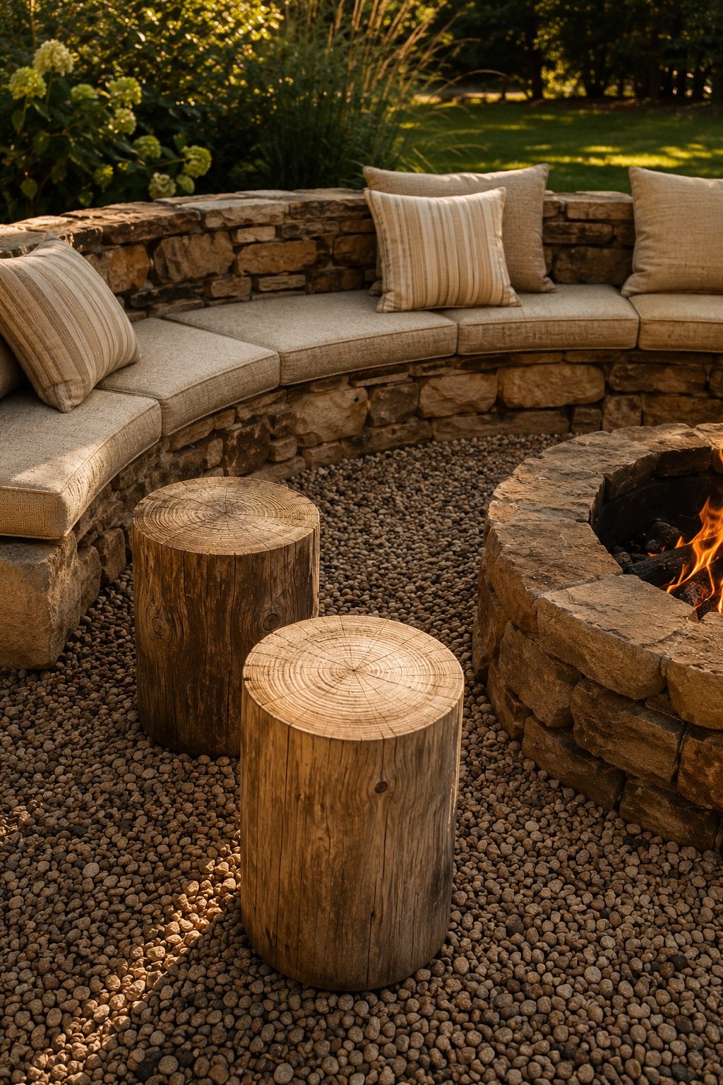 Low stone bench wall curving around a fire pit with oatmeal cushions and log round stools
