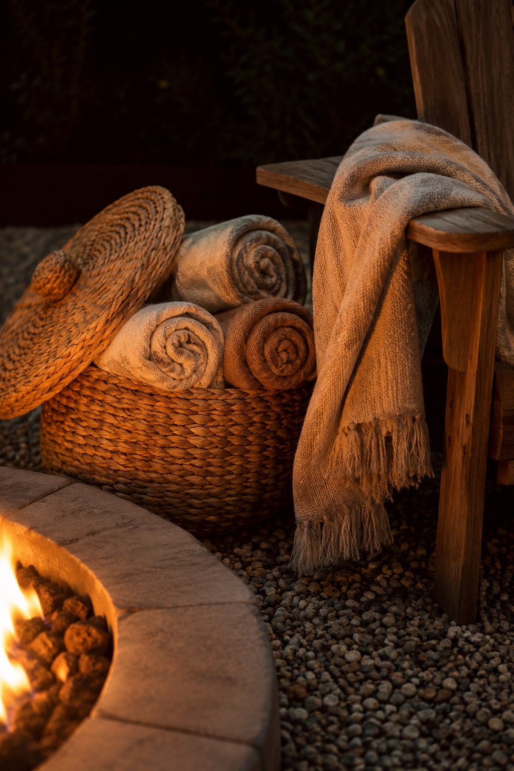 Lidded basket of rolled wool throws beside a fire pit chair with firelight on the fabric