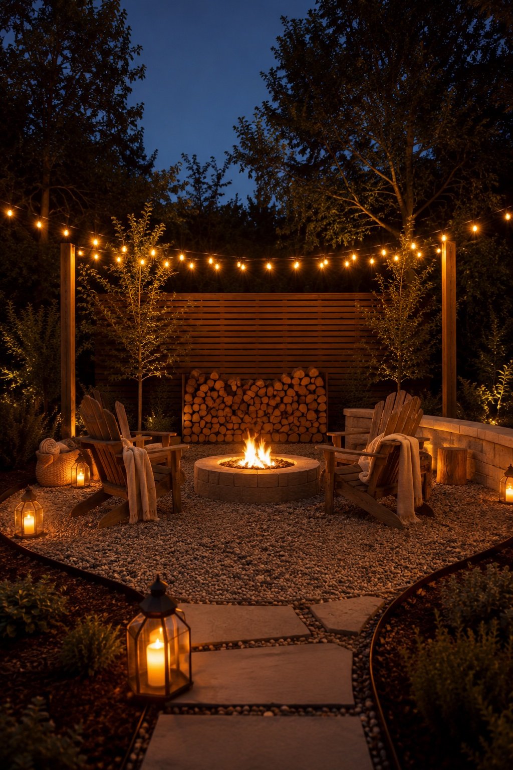 Fire pit outdoor room at blue hour with lanterns at the edges and firewood stacked on a screen