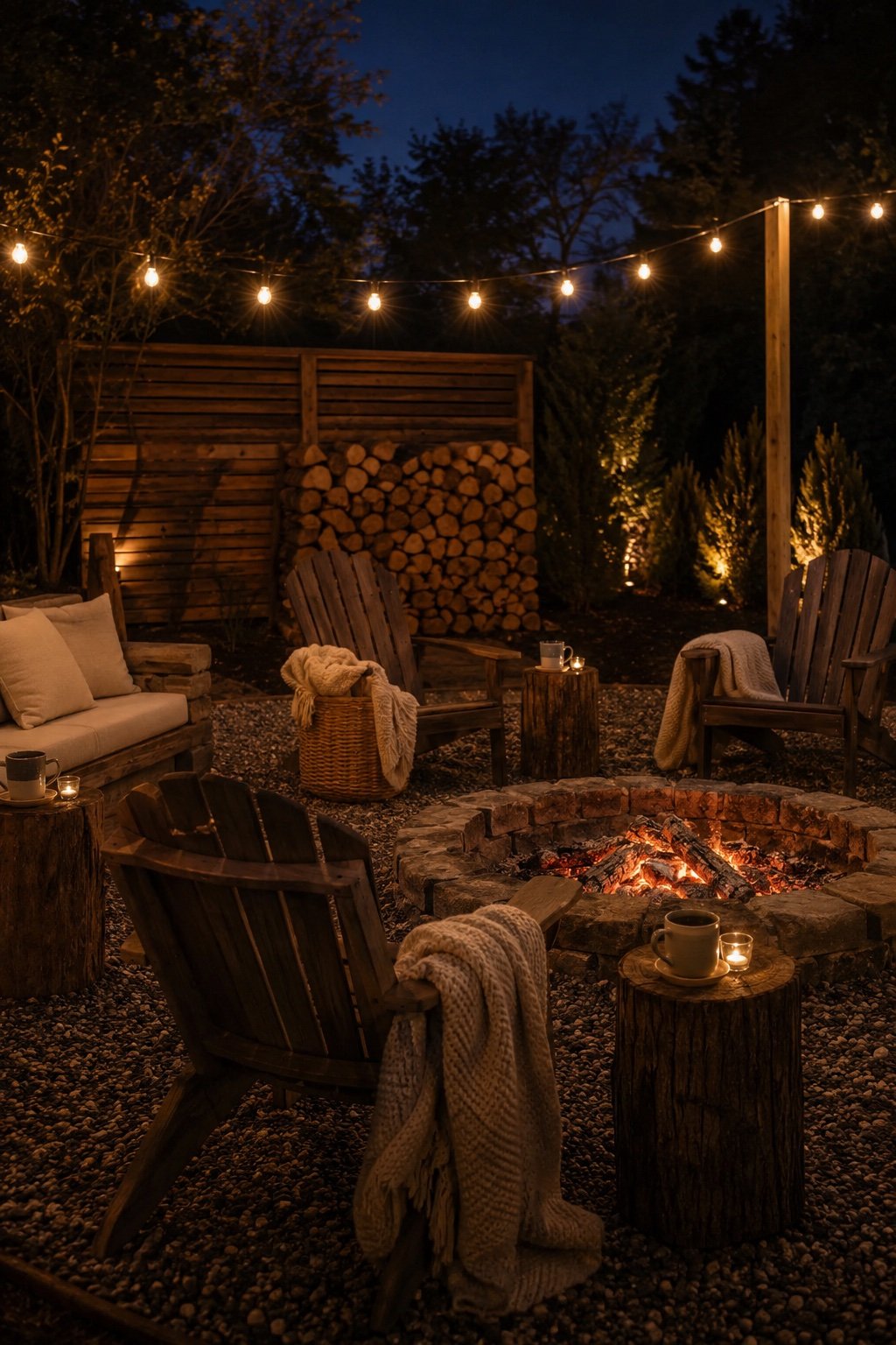 Fire pit burned down to coals with throws left on the chairs and mugs on a stump