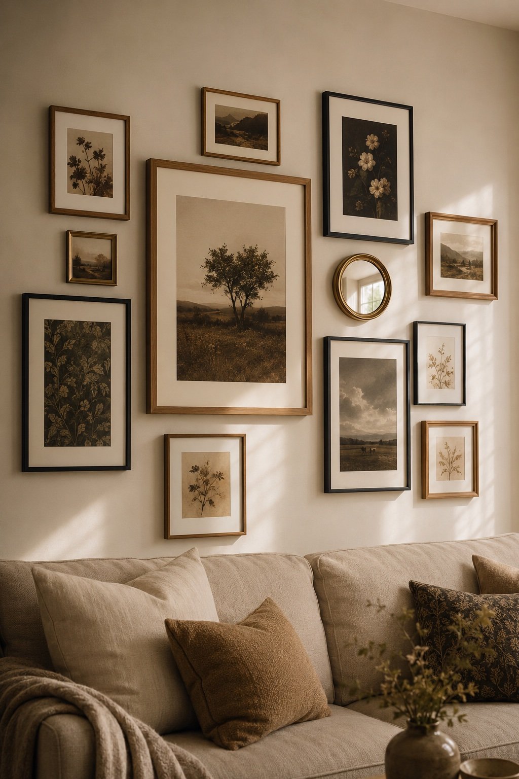 Collected gallery wall over a linen sofa mixing oak, black and brass frames with cream mats