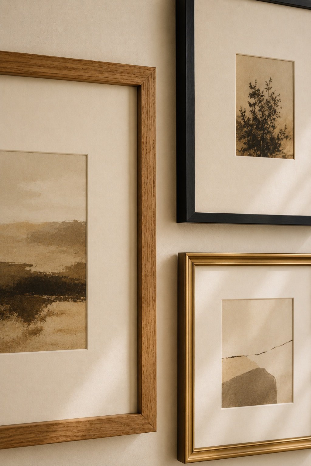 Three neighboring frames in oak, thin black and brass with generous cream mats and tight gaps
