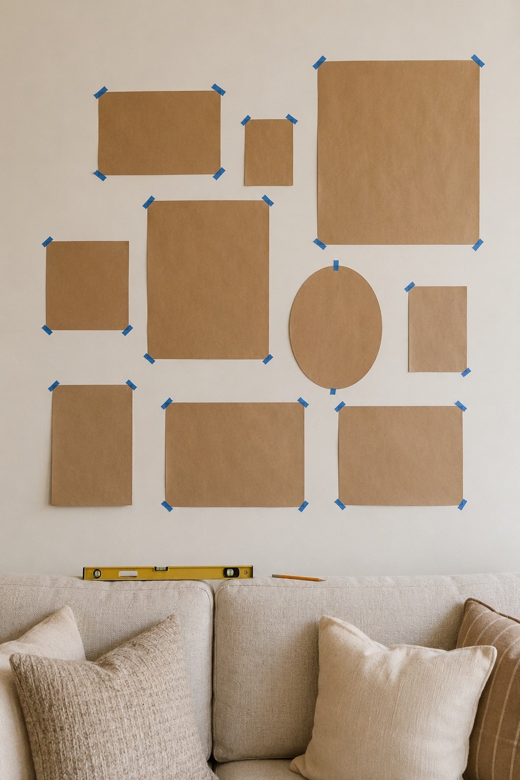 Kraft paper frame templates taped to a cream wall above a sofa with a level and pencil resting