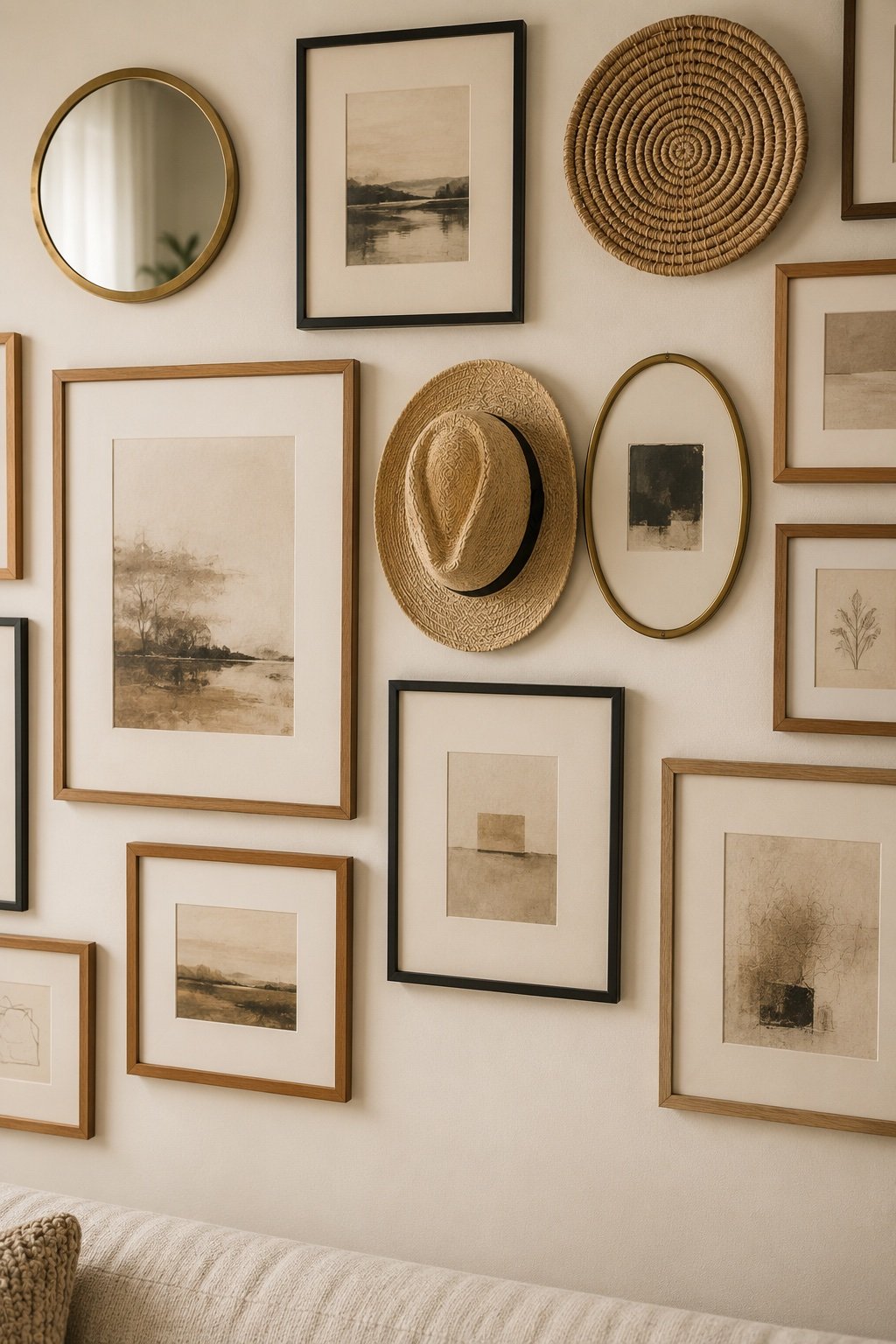 Gallery wall section mixing a round mirror, a woven piece and a straw hat among the frames