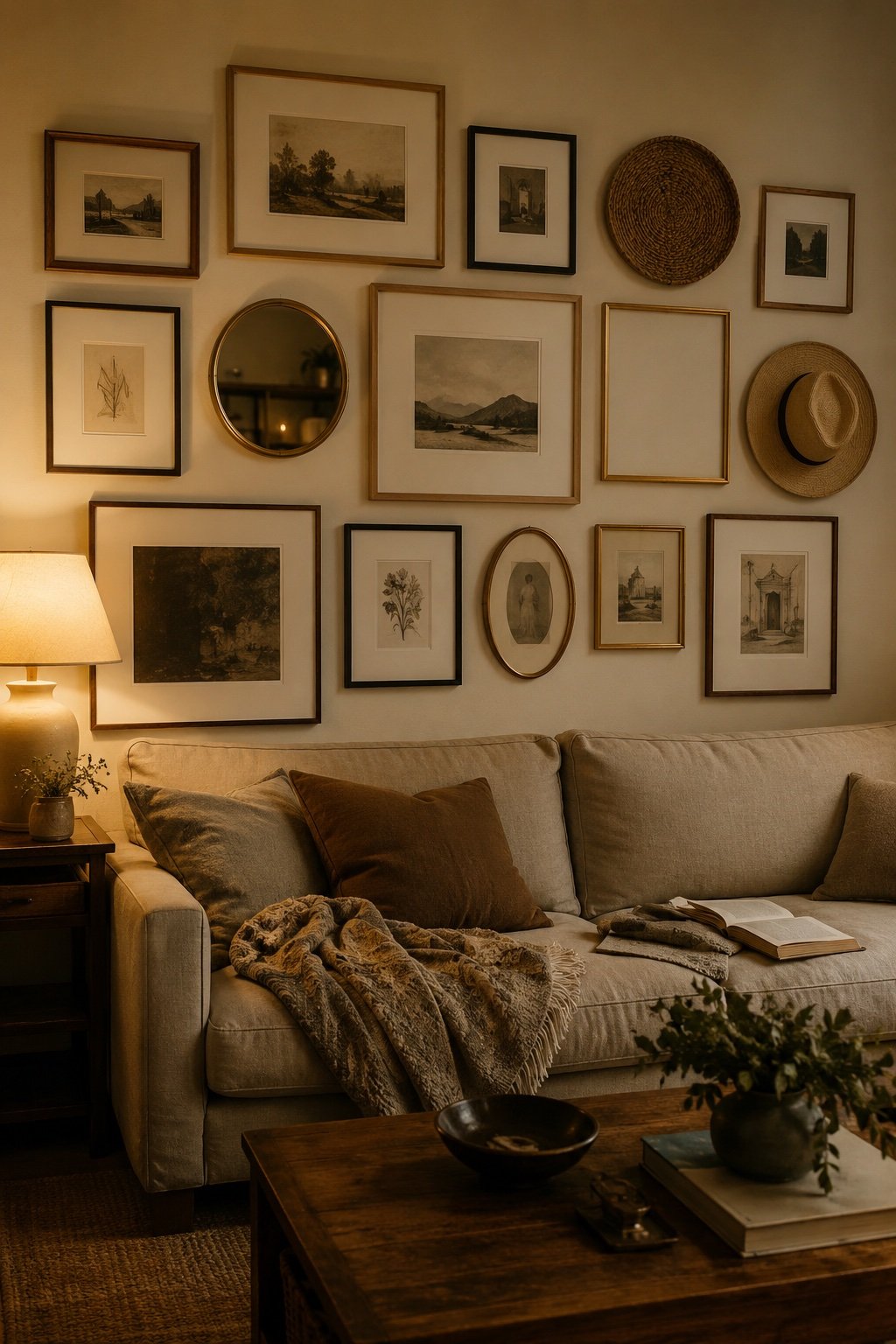 Finished gallery wall in warm lamp light with one empty space left for a future piece