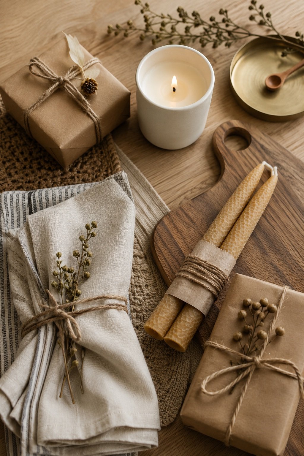 A warm flat lay of home gifts: a candle, linen napkins, a wooden board and taper candles in kraft wrap