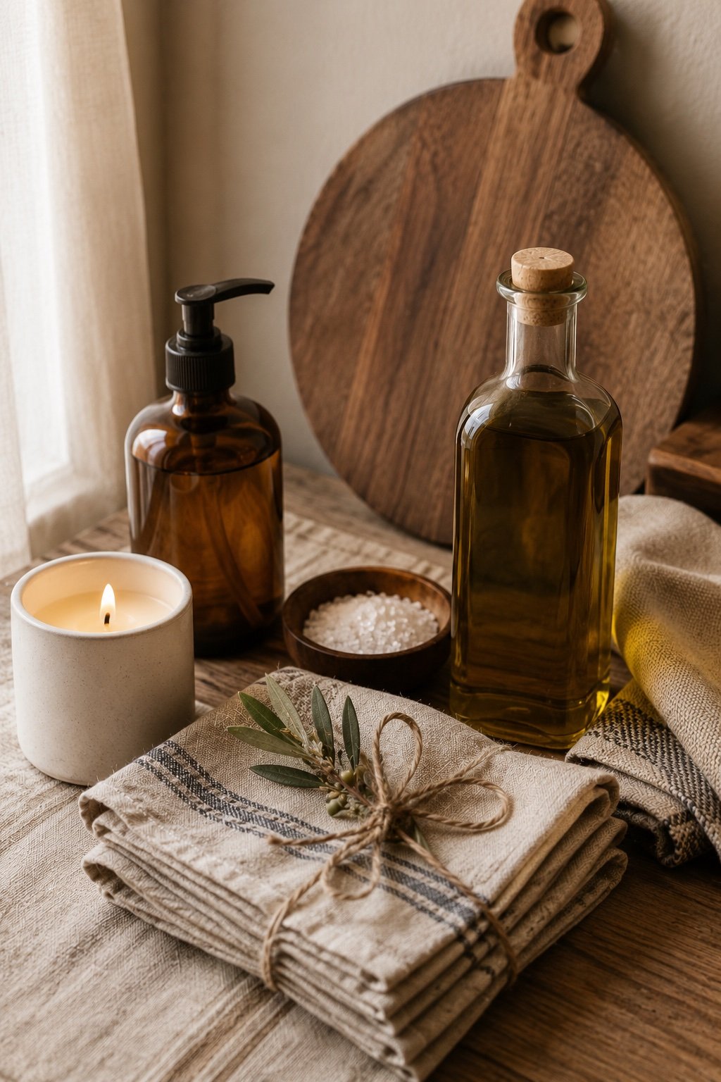 Small affordable home gifts grouped: one candle, hand soap, cloth napkins, good olive oil