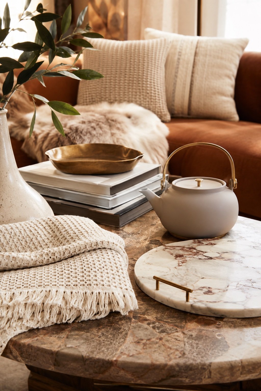 A mid-range gift vignette: a folded waffle throw, a marble board, a stovetop kettle, a design book