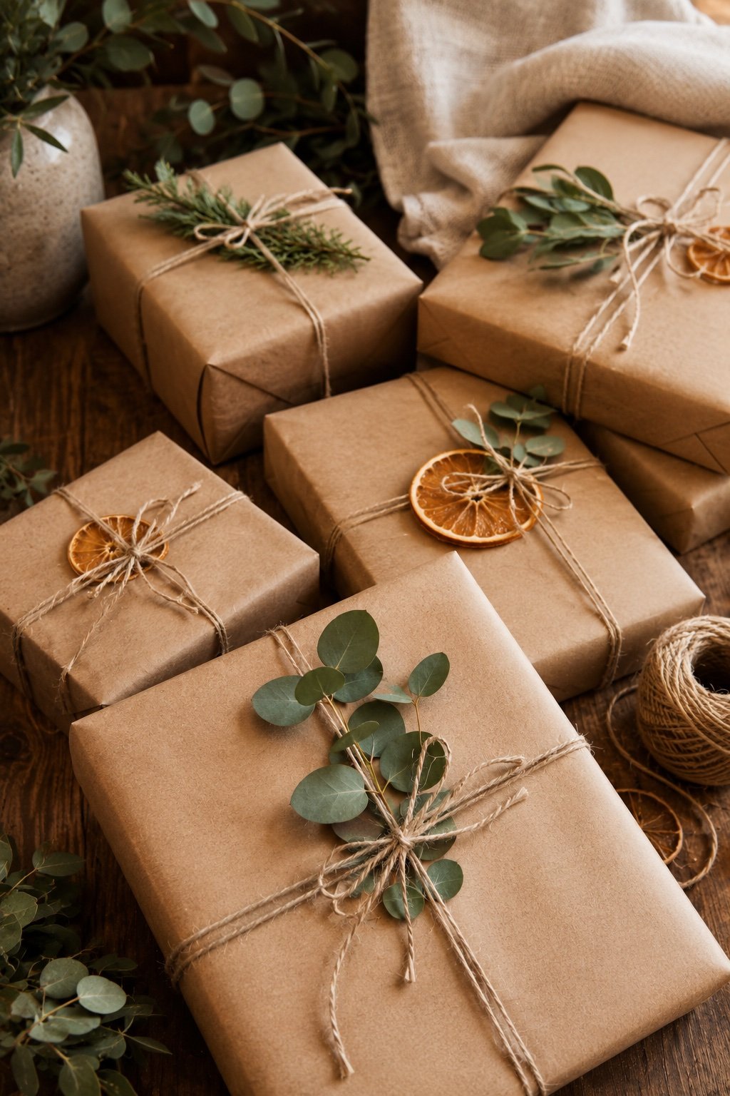 Gifts wrapped in kraft paper with jute twine and a sprig of eucalyptus tucked under the bow