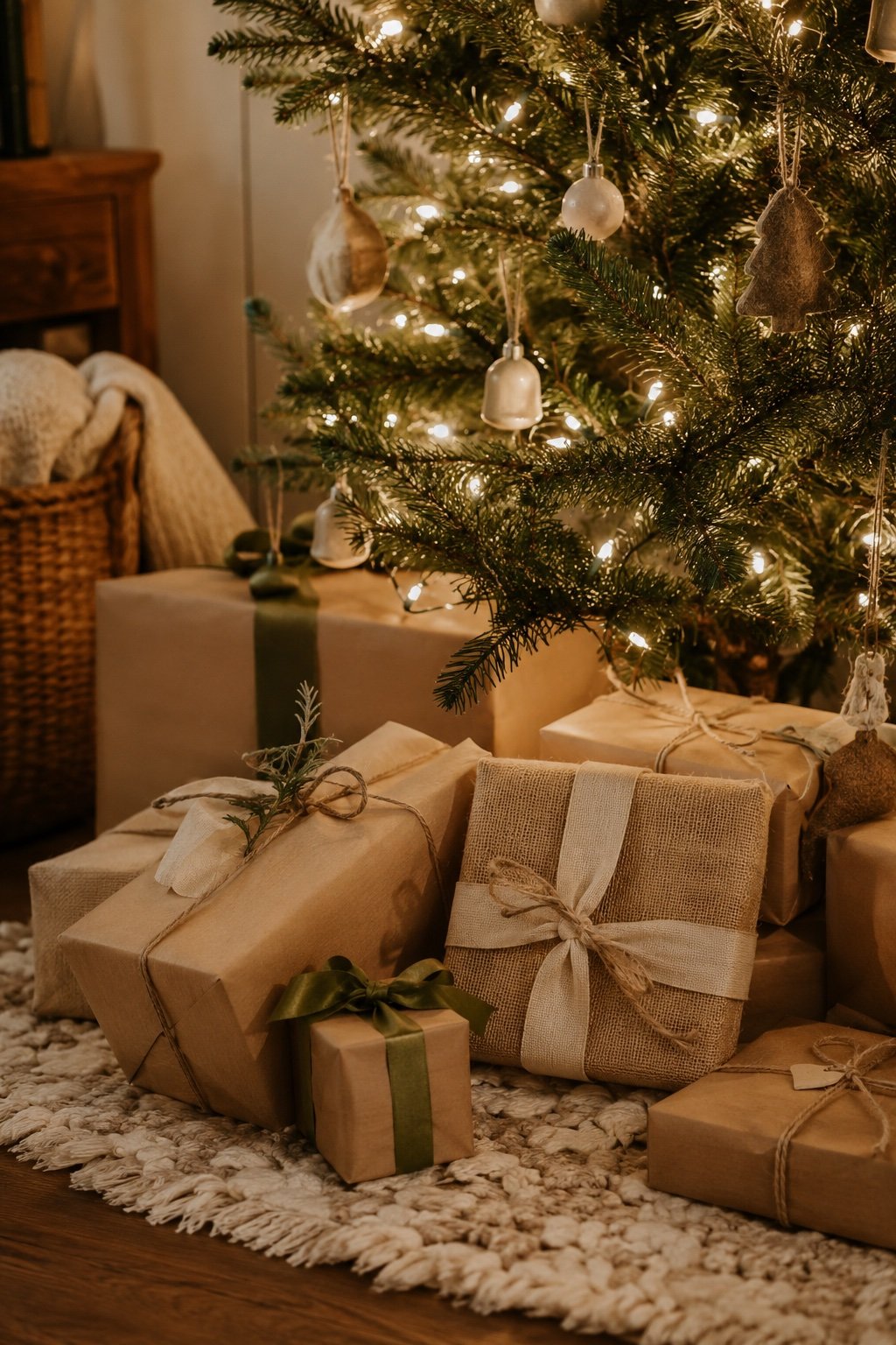 Kraft-wrapped gifts with natural ribbon piled under a warm-neutral Christmas tree