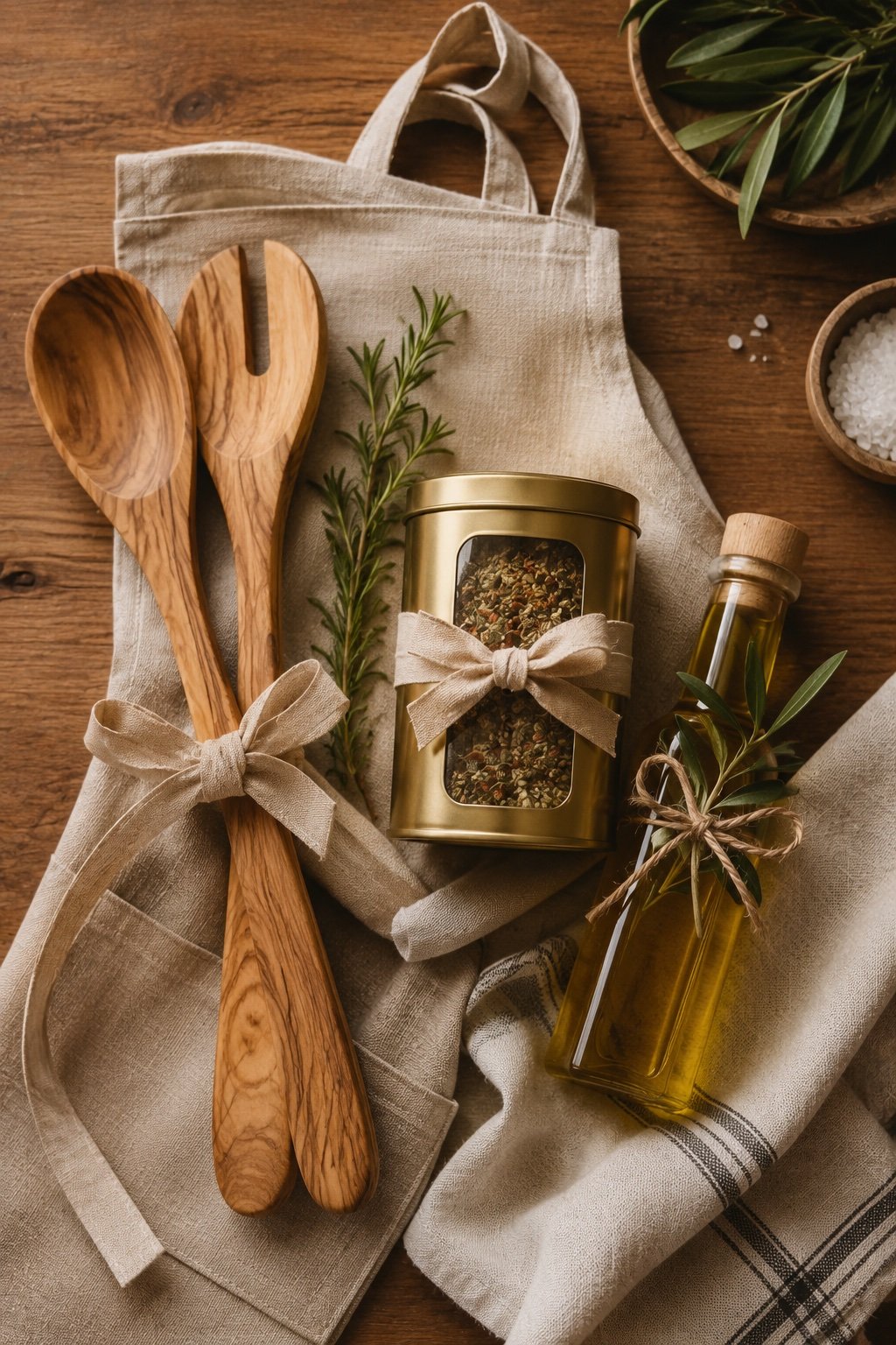 Gift bundle for someone who cooks: a linen apron, olive wood spoons, olive oil and a tin of loose herbs