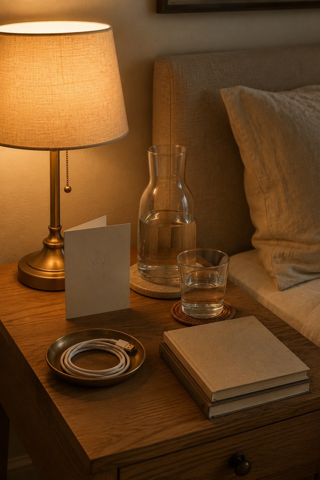 Guest bedside table with a lit lamp, a water carafe, a coiled charging cable and two books